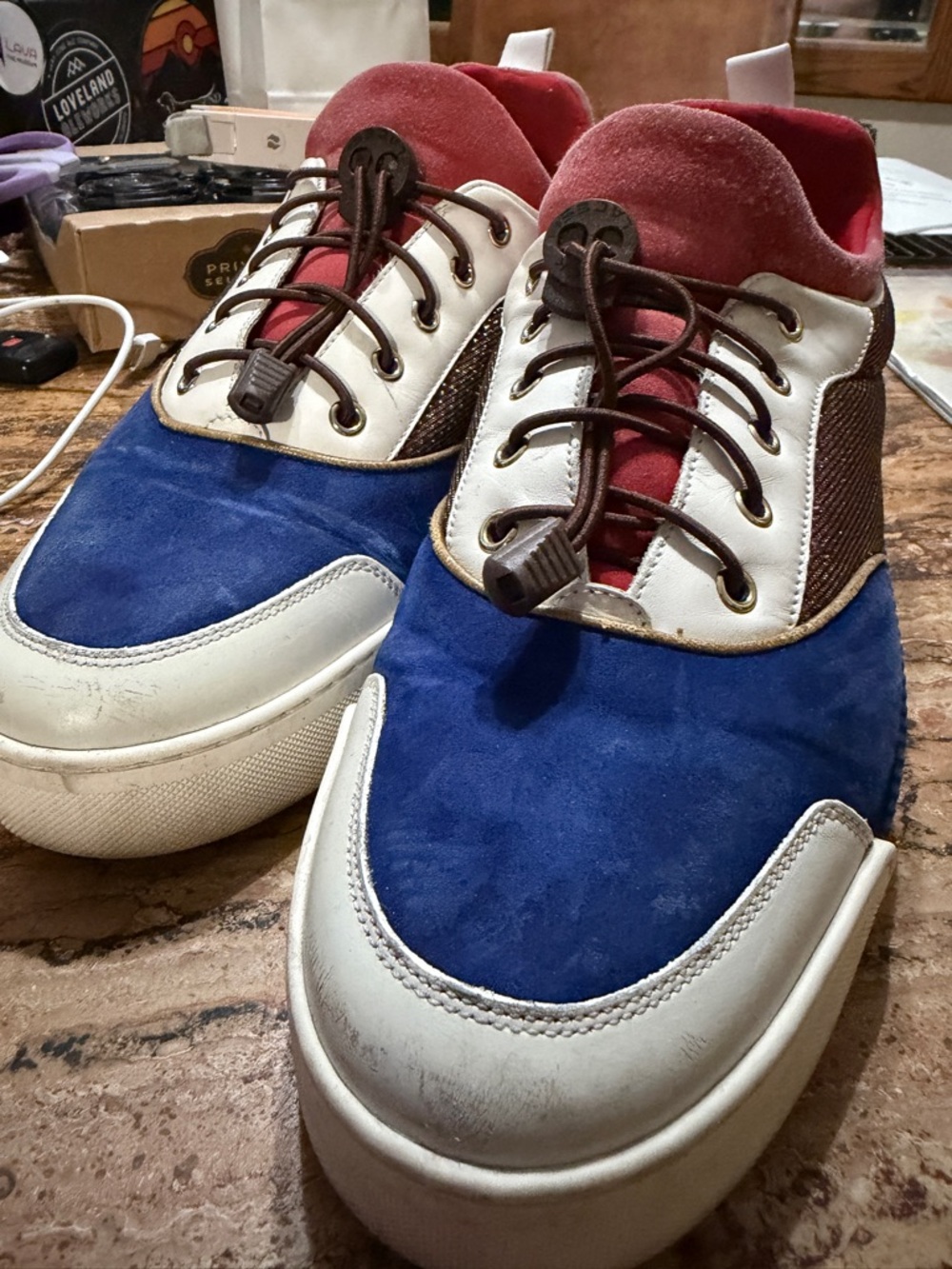 Christian Louboutin Blue Suede, White Leather & Red Accented Sneakers